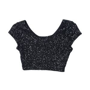 Express Blouse Womens Small Sequins Cropped Short Sleeve Top Side Zip Black